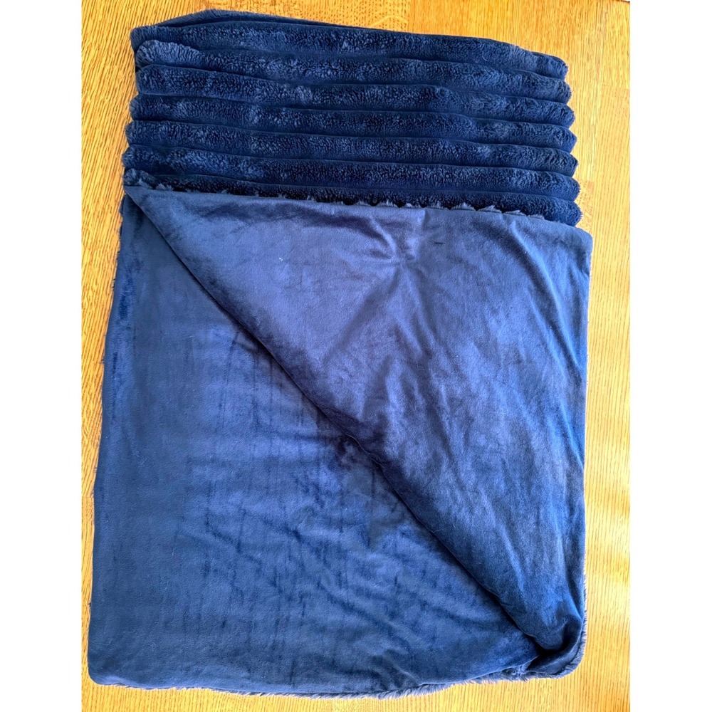 Juicy Couture Home Navy Blue Ribbed Faux Fur Ultra Plush Throw Blanket 48x72 EUC